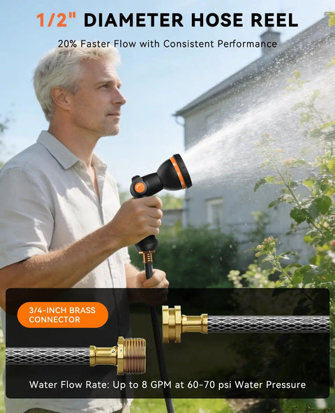 Man using retractable garden hose reel with auto slow retract, 100 ft of one half inch hose, wall mounted brass fittings, garden watering