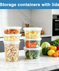 Bulk 60 Pack Deli Containers With Lids 8 16 32 Oz BPA Free Airtight Leakproof Plastic Storage Jars on kitchen counter