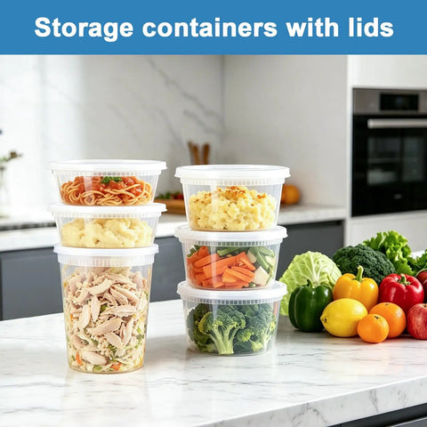 Bulk 60 Pack Deli Containers With Lids 8 16 32 Oz BPA Free Airtight Leakproof Plastic Storage Jars on kitchen counter