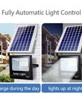 Tough As Nails Solar Powered Outdoor Security Lights With Remote Control showing solar panel charging and light illumination.