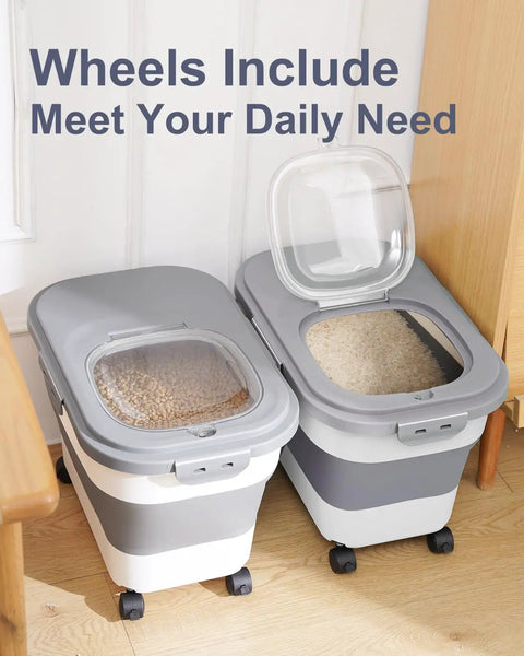 Space Saving Collapsible Rice Storage Container With 20 To 30 Lb Capacity Rolling Wheels Airtight Locking Lid Includes Cup And Scoop Great For Rice Flour Pet Food And More Sturdy Pantry Organizer For Kitchen