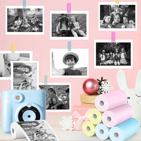 6 Rolls Kids Camera Instant Print Refill Paper Set For Colorful Photo Printing, No Fuss Thermal Paper For Most Kids Instant Cameras, Includes 2 Pink 2 Blue 2 Yellow, Each Roll 2.2In By 29.5Ft, Prints Over 80 Photos. Kids instant camera paper rolls with printed photos and pastel rolls