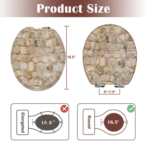 Product size image of Round Stone wall Toilet Seat showing dimensions 12.6" x 16.5" for easy installation.