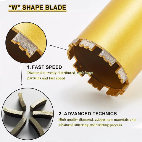 Close-up of 2 Inch Wet Core Drill Bit For Concrete With Rebar, 14 Inch Drilling Depth, W shape blade design, diamond core bit