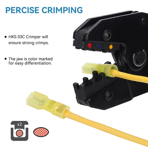 Close-up of crimping tool with yellow 100 Pcs Nylon Female Spade Quick Disconnect Connectors Kit for 12-10 AWG wire, highlighting insulation.