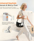Woman holding bag with Magnetic iPhone Camera Grip With Removable Remote And Built In Keychain Native Camera Control.