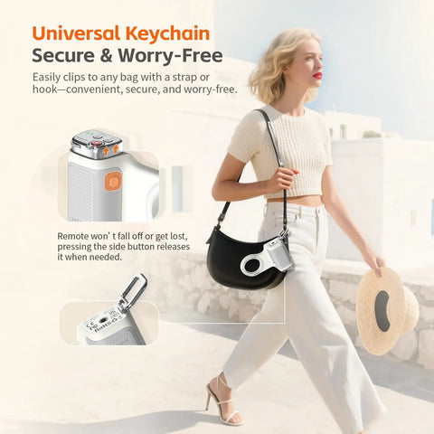 Woman holding bag with Magnetic iPhone Camera Grip With Removable Remote And Built In Keychain Native Camera Control.
