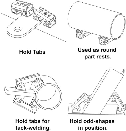Magnetic V-pads kit, 4-piece with magnets on both pad faces and bottom; diagram shows hold tabs and round part rests.