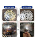 Before and after cleaning results of metal cookware showing rust removal and surface finishing with Awesome 3-Piece Red Mushroom Buffing Wheels With 2 3 And 4 Inch Sizes Featuring 320 Grit For Rust Removal Deburring And Smooth Surface Finishing On Projects.