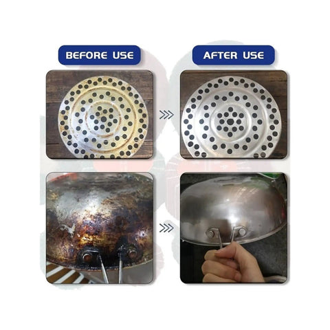 Before and after cleaning results of metal cookware showing rust removal and surface finishing with Awesome 3-Piece Red Mushroom Buffing Wheels With 2 3 And 4 Inch Sizes Featuring 320 Grit For Rust Removal Deburring And Smooth Surface Finishing On Projects.