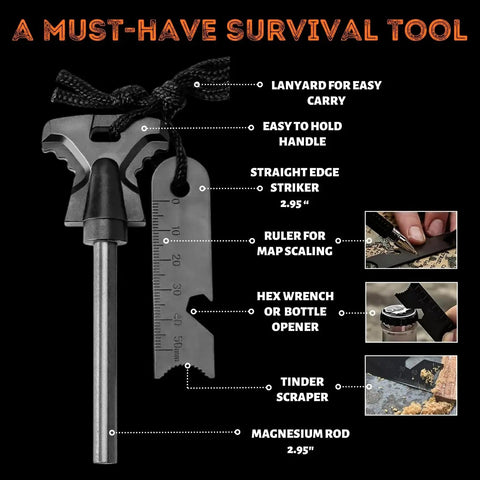 Go-To Survival Fire Starter Kit With Flint And Steel 4 Inch Magnesium Ferro Rod and multifunctional tool details