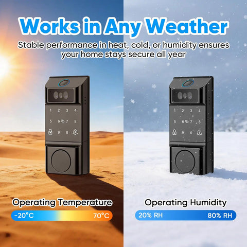 Premium Smart WiFi Door Lock Featuring Rapid Facial Recognition And Palm Vein Fingerprint Scanning For No Sweat Keyless Entry, shown in different weather conditions.