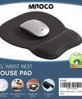 Ergonomic Mouse Pad With Gel Wrist Rest For Pain Relief, Non Slip PU Base, Smooth Surface, Black, shown with wireless mouse