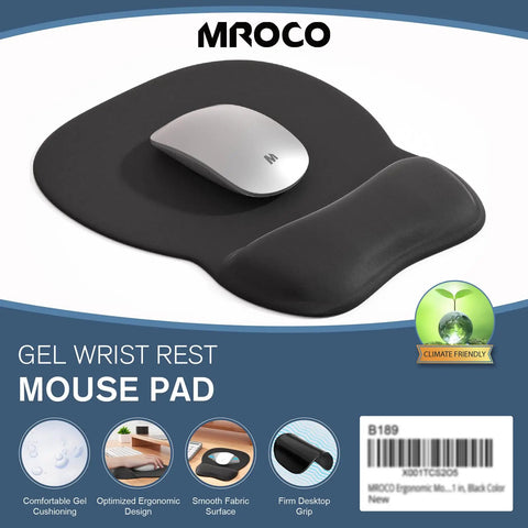 Ergonomic Mouse Pad With Gel Wrist Rest For Pain Relief, Non Slip PU Base, Smooth Surface, Black, shown with wireless mouse