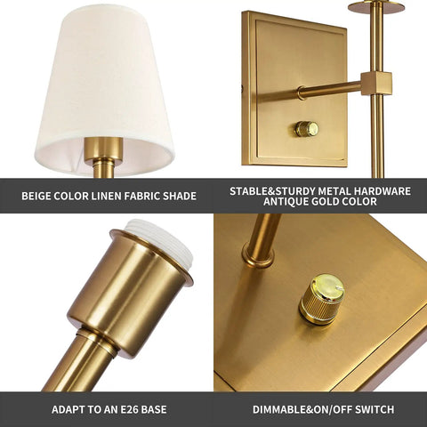 Gold Linen Wall Sconce Dimmable On Off Dimmer Modern Bathroom Vanity Light parts and details