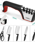 4 Stage Knife Sharpener For All Blades And Scissors With Cut Resistant Glove; black and red sharpener with knife slots