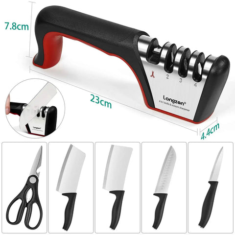 4 Stage Knife Sharpener For All Blades And Scissors With Cut Resistant Glove; black and red sharpener with knife slots