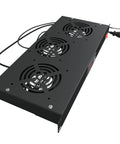 Three Fan Rack Mount Cooling System For 1U 19 Inch Server Cabinets with Adjustable Temperature Control, black unit with fans.