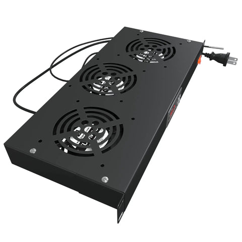 Three Fan Rack Mount Cooling System For 1U 19 Inch Server Cabinets with Adjustable Temperature Control, black unit with fans.