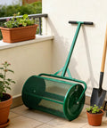 24 Inch Rugged Compost Spreader Roller For Lawn Care With Adjustable T Handle And Steel Mesh Roller Top Dressing Tool on patio