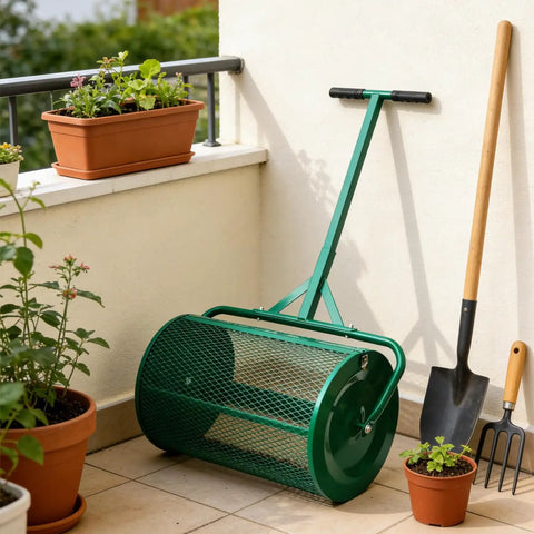 24 Inch Rugged Compost Spreader Roller For Lawn Care With Adjustable T Handle And Steel Mesh Roller Top Dressing Tool on patio