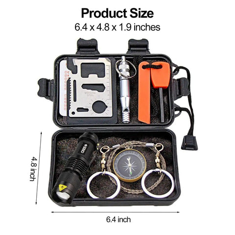 Survival Kit With 6 In 1 Waterproof Case For Camping Hiking Travel And Adventures Portable 5 By 3.5 By 1.6 Inch box open