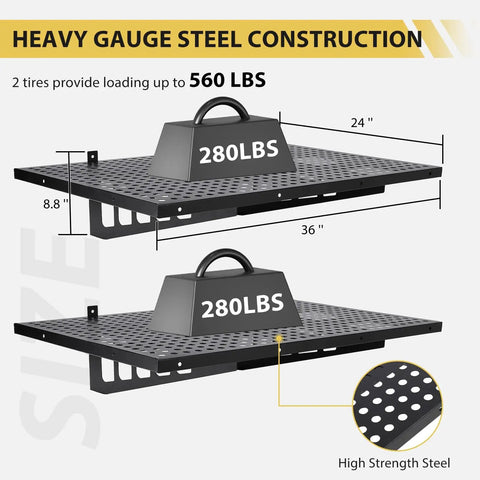 Heavy Duty Garage Wall Shelves 2 Pack 2x3 Ft Wall Mounted Storage Racks With Four Hooks Up To 560 Lbs Total Capacity, size labeled