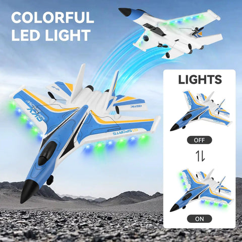 Epic RC Plane for Adults and Kids, Easy to Fly Fighter Jet with colorful LED lights, showcasing 2.4GHz Remote Control features.