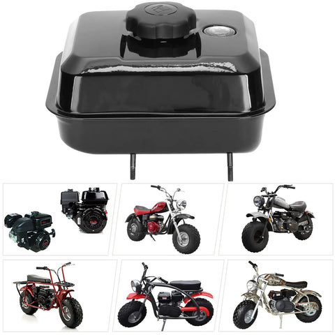 Gas Tank With Fuel Level Gauge Kit Built For Predator 212 And Clone Engines, shown with compatible mini bikes and go-karts