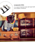 Heavy Duty Draw Latches Kit With Brackets, Stainless steel toolbox latches shown above a dressed dog and vintage suitcases.
