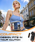 Woman with clear bag holding phone and Portable Clip-On Mini Fan Handheld Turbo Breeze With 180 Degree Rotation 3000mAh Battery 5 Speed Modes