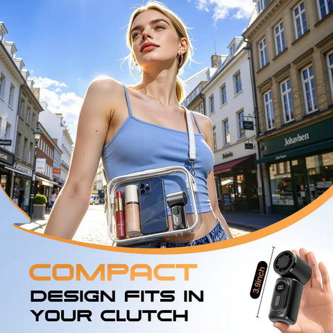 Woman with clear bag holding phone and Portable Clip-On Mini Fan Handheld Turbo Breeze With 180 Degree Rotation 3000mAh Battery 5 Speed Modes