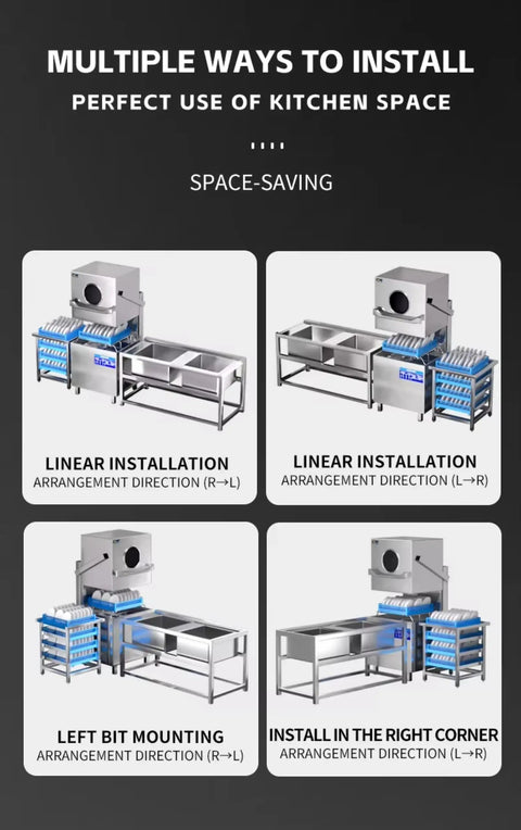Pro No Frills Heavy Duty Commercial Dishwasher Freestanding Electric Hood Type Workhorse Stainless Steel Build arranged for multiple kitchen installations.