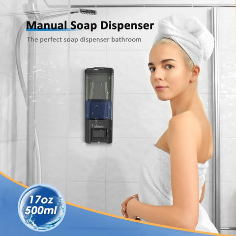 Heavy Duty Wall Mount Soap Dispenser 17 Oz Large Capacity Manual Pump For Kitchen And Bathroom No Fuss Refills Premium Abs Material Lotion Bottle Game Changer Slick Black mounted in a modern bathroom.