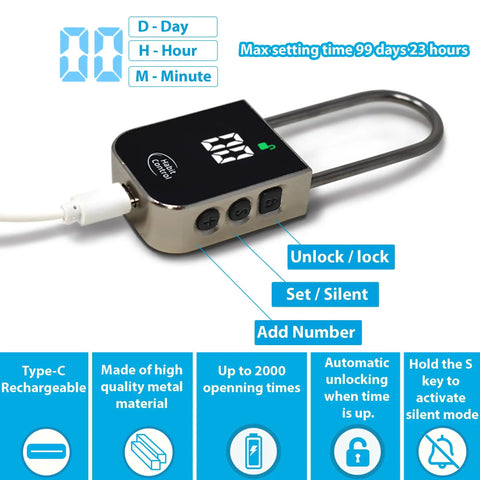 Detail of Habit Control Time Lock Padlock with LCD HD display, Type-C recharge, and adjustable timer for addiction control.