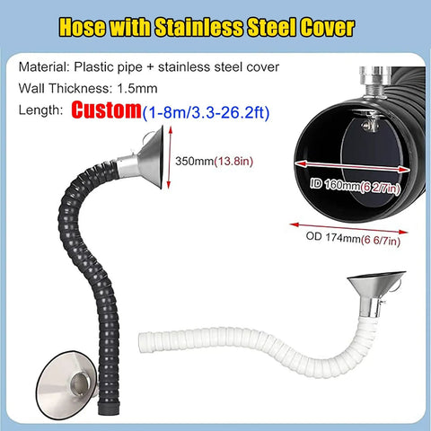 Adjustable Fume Extraction Arm With Broad Capture Hood Snags Welding Vapor And Sawdust Quick Runs On Slick Four Meter Flexible Hose, shown with stainless steel cover, 1.5mm wall thickness.