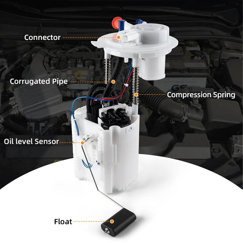 Direct Fit Electric Fuel Pump Assembly For Chrysler 200 2015 2016, Jeep Cherokee 2014 2016, Dodge Dart 2013 2016 With L4 2.0L And 2.4L Engines Replaces E7280M SP7224M FG1560 OE 68166589AC 68166594AB close-up view showing connector, pipe, spring, sensor, float, and engine background