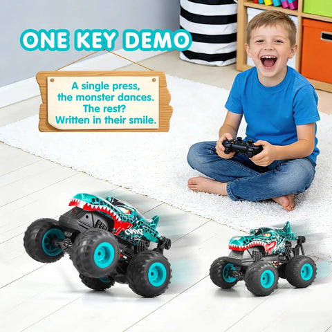Child playing with All Terrain Dinosaur Monster Truck RC Car With 2.4Ghz Remote, Music, 3 Lighting Modes, 360 Stunt Capable indoors.