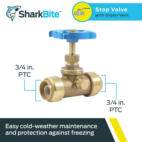 3/4 Inch Brass Push To Connect Stop Valve With Drain And Vent For PEX Copper CPVC PE-RT HDPE Plumbing Fittings Pro Grade