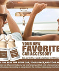 Premium Mahogany Teakwood Car Air Freshener 2 Pack With Hanging Essential Oil Diffuser Inside sleek glass bottles in car.