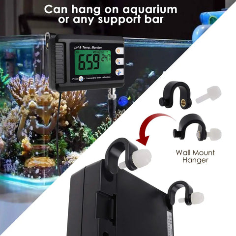 2 In 1 pH And Temperature Monitor Kit With BNC Probe Auto Buffer Recognition 0 To 14 pH Range displayed hanging on aquarium