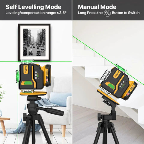 360 Self Leveling Laser Level With Tripod, Green Beam 4x Brightness For Easy Picture Hanging, Tile And Construction, Rechargeable 12V Battery Pack With Remote, Indoors And Outdoors, 100 Ft Range, Plus Minus 0.003 Inch At 16 Feet; self-leveling and manual modes