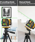 360 Self Leveling Laser Level With Green Beam 4x360 Bright Lines For Construction Pro Grade Kit With Rechargeable 12V Battery Up To 40 Hours Remote Control Magnetic Rotating Stand And Hard Carry Case, shown self-leveling and manual modes on tripod