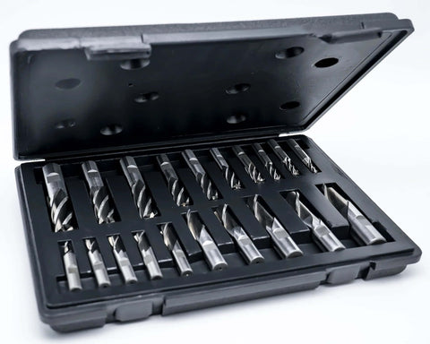 End mill set in plastic case, 20 pcs, high-speed steel; two- and four-flute, sizes 3/16–3/4 in
