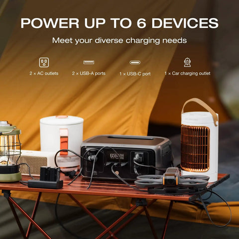 River 3 Portable Power Station With 245Wh LiFePO4 Battery setup on outdoor table with multiple device connections, camping tent backdrop.