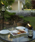 Outdoor Glass Lantern Torch For Patio And Garden With Weatherproof Build 4 Adjustable Height Poles Fiberglass Wick And Snuffer Black Finish