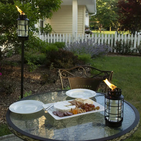 Outdoor Glass Lantern Torch For Patio And Garden With Weatherproof Build 4 Adjustable Height Poles Fiberglass Wick And Snuffer Black Finish
