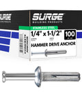 1/4 Inch By 1-1/2 Inch Stainless Hammer Drive Nail In Concrete Anchor With 304 Stainless Steel Nail, box of 100
