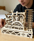 Dope 3D Wooden Marble Run Kit For Adults Motorized Spiral Model Puzzle With Natural Wood Finish DIY Craft Building Set Brain Boosting Mechanical Puzzle Great Gift For Men Women And Science Nerds Requires 2 AA Batteries, assembled on table