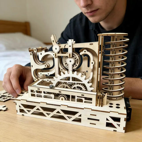 Dope 3D Wooden Marble Run Kit For Adults Motorized Spiral Model Puzzle With Natural Wood Finish DIY Craft Building Set Brain Boosting Mechanical Puzzle Great Gift For Men Women And Science Nerds Requires 2 AA Batteries, assembled on table